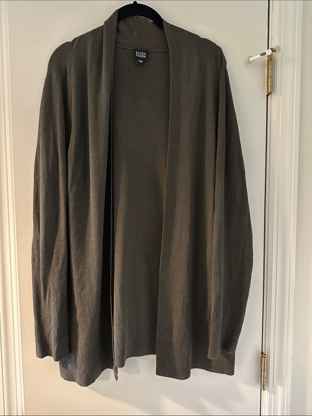 Eileen Fisher Silk Open-Front Draped Cardigan in Olive Green | Size Large